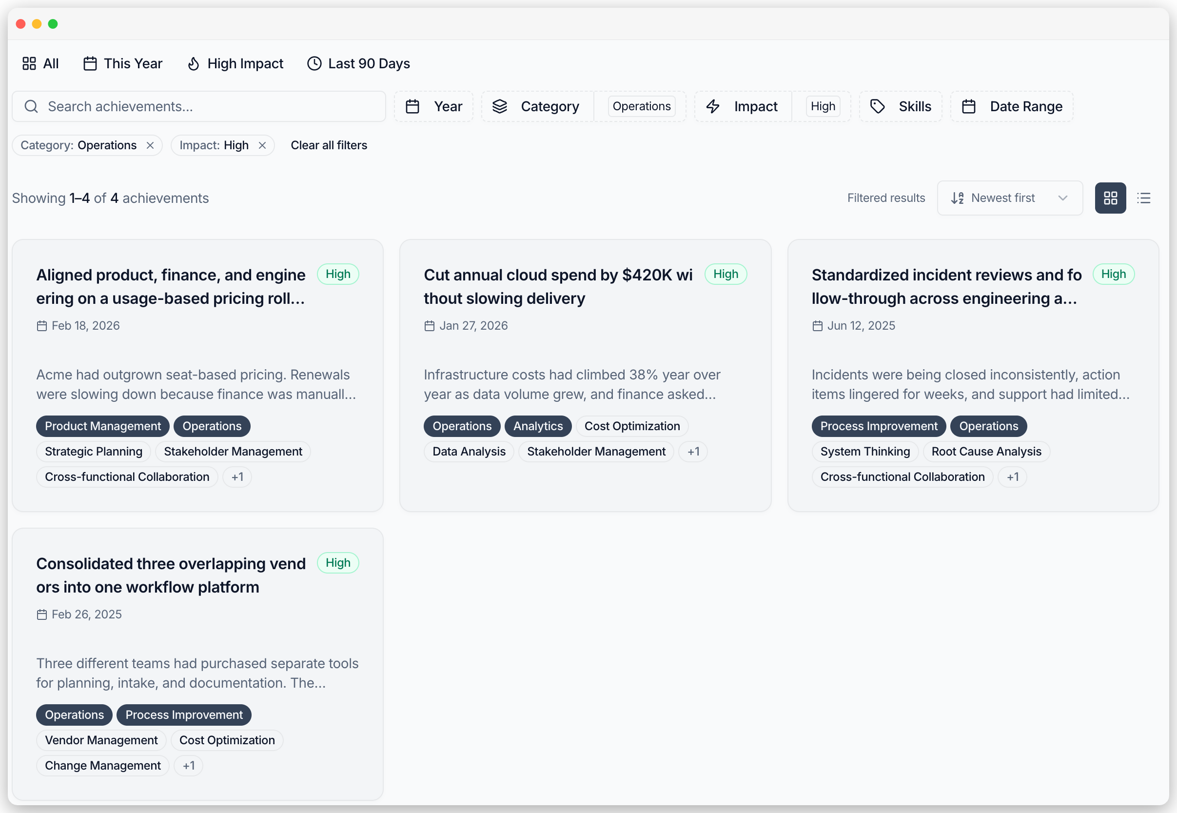 Career Journal achievements dashboard showing high-impact examples filtered by category, impact, and date.