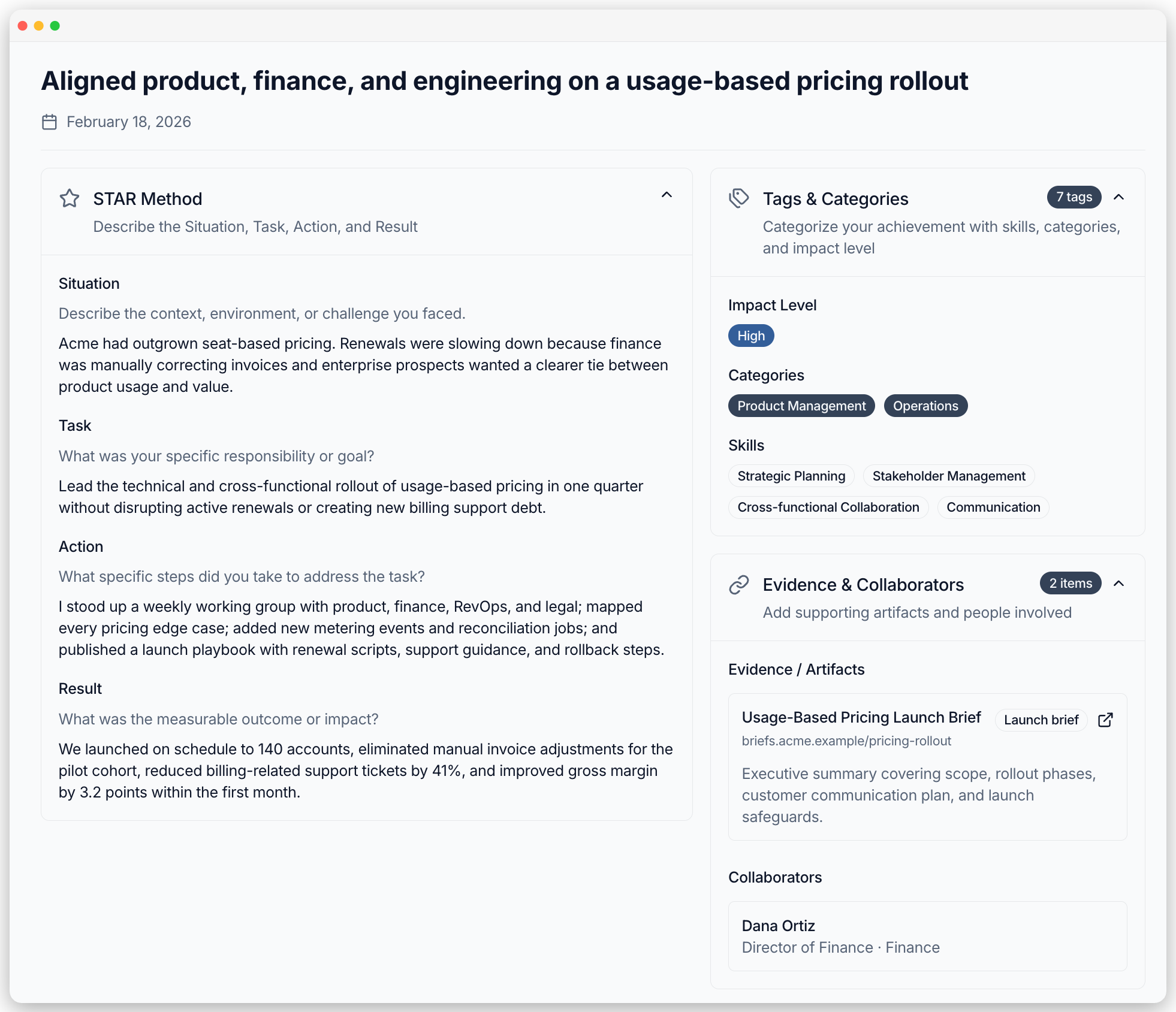 Career Journal achievement detail showing a structured STAR entry with tags, collaborators, and supporting evidence.