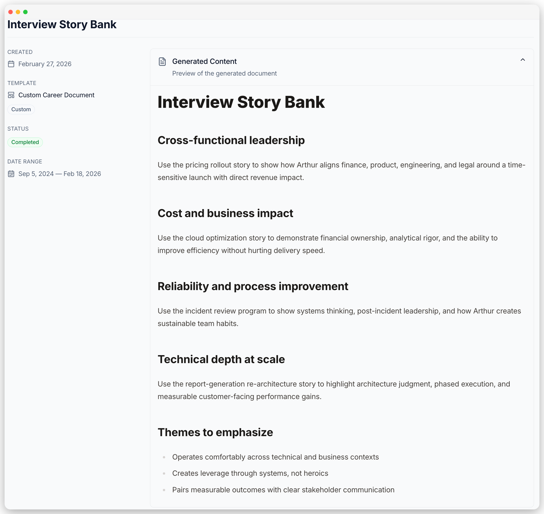 Career Journal interview story bank showing generated leadership, impact, and process stories for interview prep.