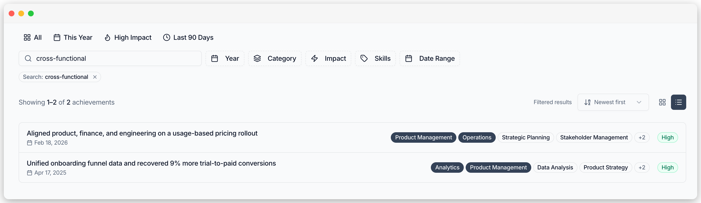 Career Journal search results showing cross-functional achievements matched by keyword and tags.